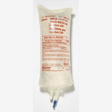Sterile water for injection USP 1000ml medical IV bag with labeling and IV ports