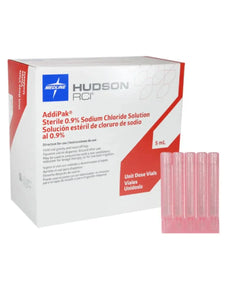 Box of AddiPak sterile 0.9% sodium chloride solution 5mL vials for respiratory care