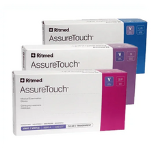 Ritmed AssureTouch vinyl medical examination gloves in assorted sizes, clear boxes.