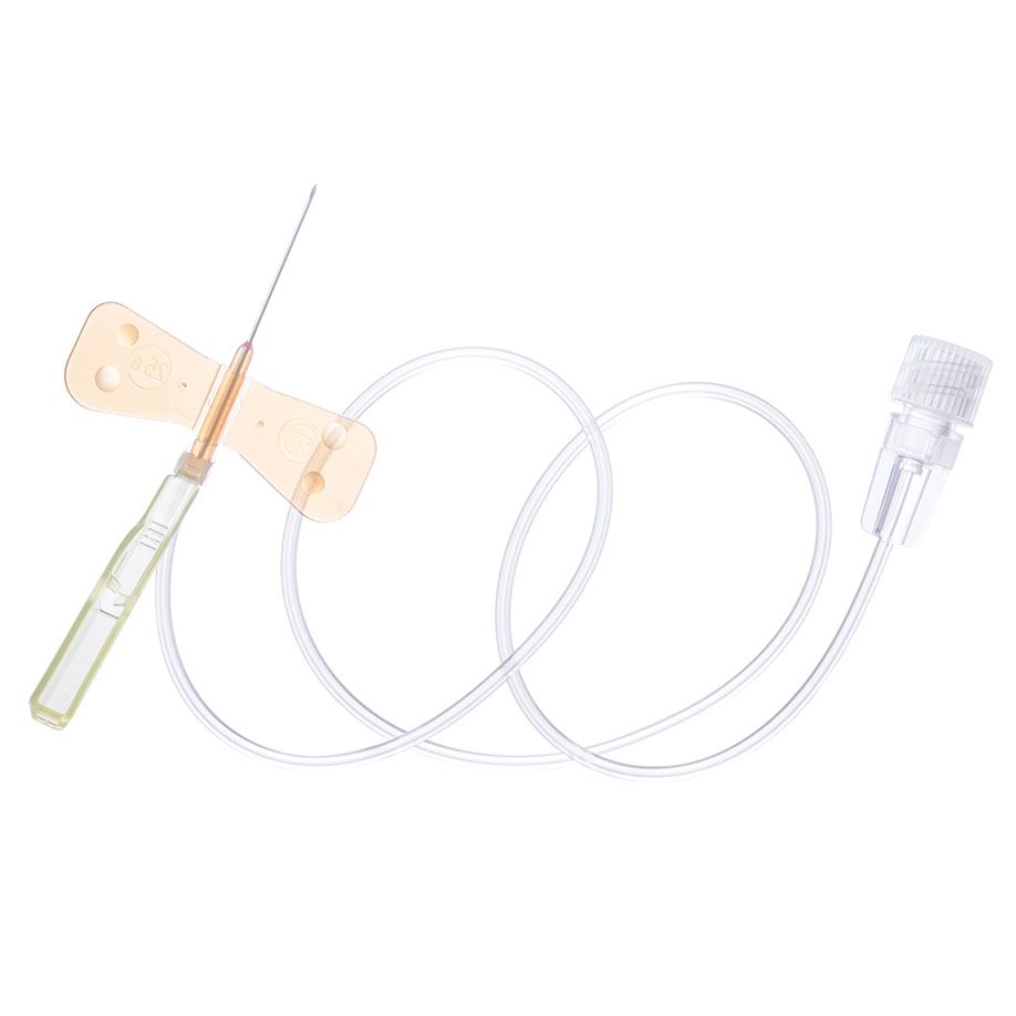 Butterfly winged infusion set with needle and clear tubing for medical use