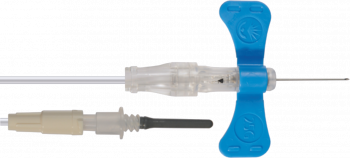 butterfly infusion set with blue wings and clear tubing for medical IV injection