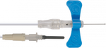 butterfly infusion set with blue wings and clear tubing for medical IV injection