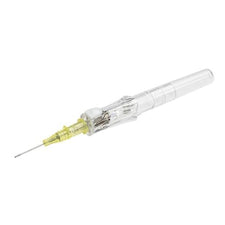 IV safety catheter needle with transparent barrel and yellow hub on white background