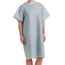 Hospital gown with short sleeves and geometric print for medical or patient care use