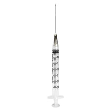 3ml medical syringe with needle, clear barrel, black measurement markings, isolated on white