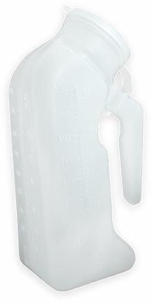 Translucent plastic male urinal bottle with handle and volume markings, home medical supply