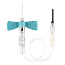 Butterfly infusion set with blue wings and tubing for medical IV use