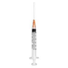 Sterile disposable medical syringe with orange safety cap and clear measurement markings