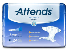 Package of large adult briefs, 24 count, showing absorbent incontinence diapers for severe needs.