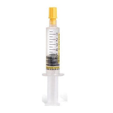 5 mL medical syringe with clear barrel and yellow cap, dosage markings visible