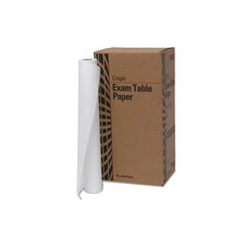Crepe exam table paper roll next to shipping box, 12 rolls per box, medical supply