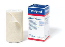 Elastic adhesive bandage roll next to TENSOPLAST box, medical supply product