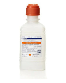 500mL bottle of sodium chloride 0.9% irrigation solution with orange cap, medical supply