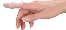 Hand wearing a transparent finger splint medical support for finger injury protection