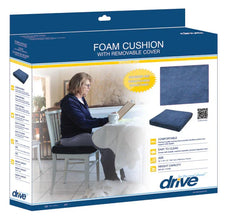 Foam cushion with removable cover for home care, shown on chair, ideal for comfort and support.