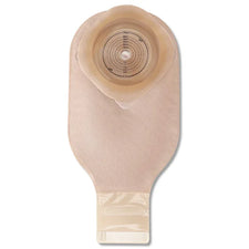 Beige ostomy bag with adhesive barrier and cut-to-fit opening for medical care