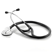 Black medical stethoscope with silver chest piece on white background, home care supply