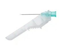 IV catheter needle with safety shield and green hub on white background