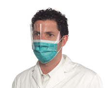 Male healthcare worker wearing teal surgical mask with attached face shield, white lab coat