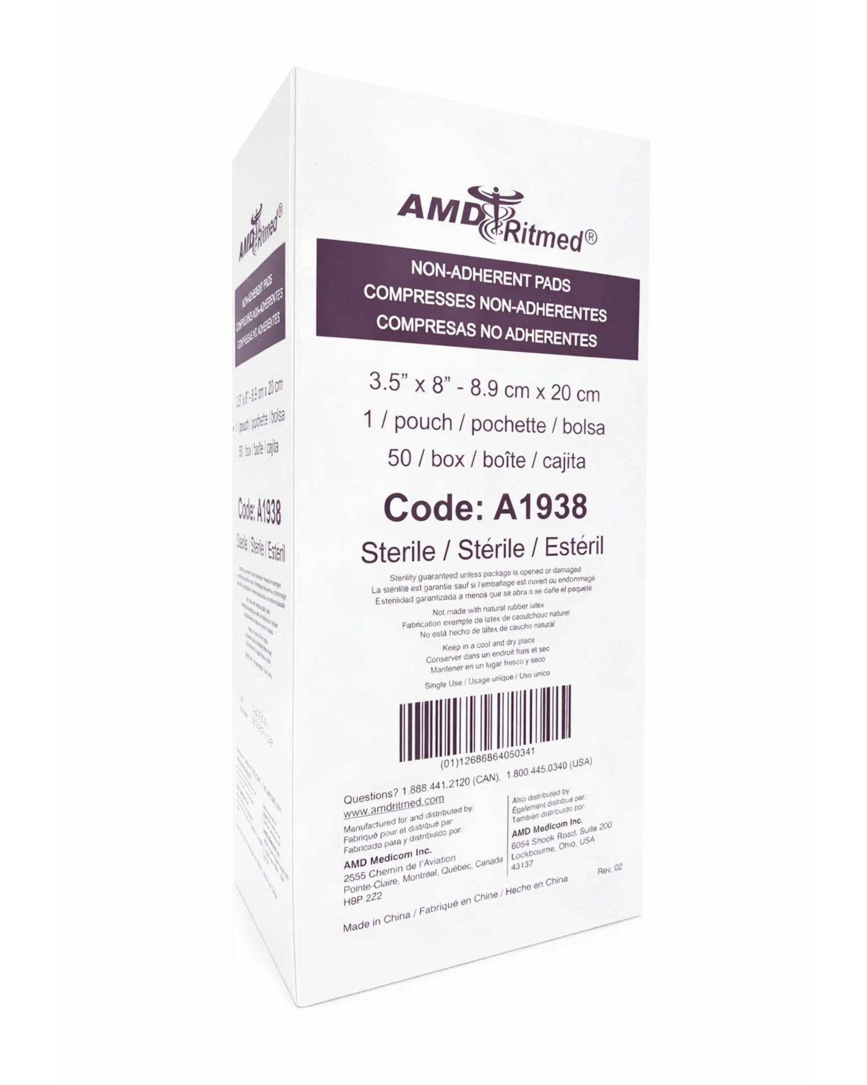 Box of AMD Ritmed non-adherent sterile medical pads, 3.5 x 8 inch, 50 count