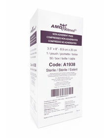 Box of AMD Ritmed non-adherent sterile medical pads, 3.5 x 8 inch, 50 count
