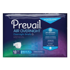 Prevail Air Overnight briefs adult incontinence underwear package, 18 count, size 2, overnight absorbency.