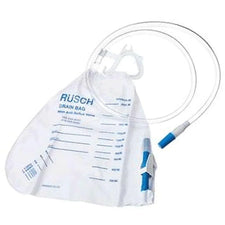 Medical drain bag with measurement markings and attached tubing for home care use