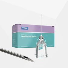 TSK low dead space needle with packaging, hypodermic medical supply product on white background