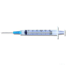 Sterile disposable medical syringe with needle and clear volume markings on white background
