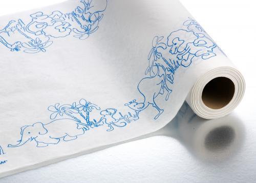 Pediatric exam table paper roll with blue animal prints for medical clinic hygiene