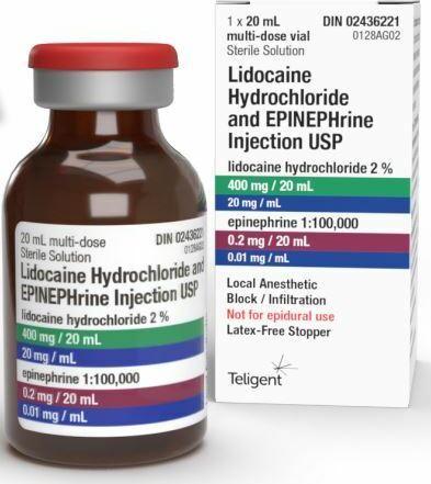 Lidocaine hydrochloride and epinephrine injection vial and box for local anesthesia