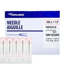 Box of Terumo 18G x 1.5 inch hypodermic needles, 1.20mm x 38mm, sterile medical packaging