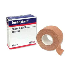Tensoplast fabric adhesive tape roll and box, 2.5cm x 4.5m, medical bandage supply.