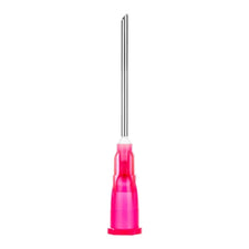 Pink medical needle with beveled stainless steel tip on white background