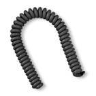 Black coiled medical oxygen tubing for respiratory equipment on white background