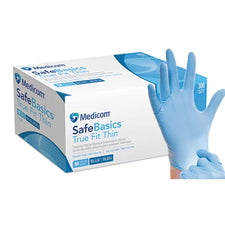 Blue medical nitrile exam gloves box with hand putting on a glove, 300 count, medium size