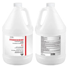 Two 4L Stanhexidine chlorhexidine gluconate antibacterial skin cleanser bottles, front and back view.