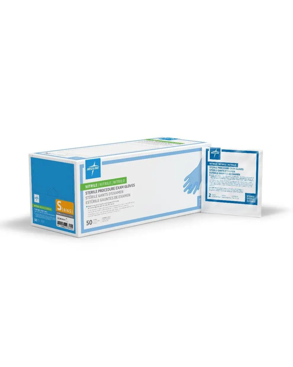 Medline Sterile Powder-Free Nitrile Exam Glove, Extended Cuff, 12" (30.5 cm), Blue, Small | MDS198414