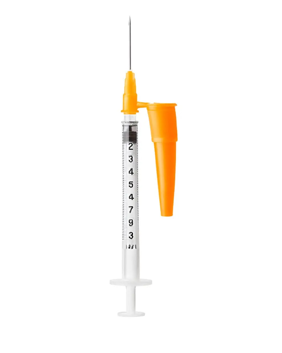 Sterile insulin syringe with needle and orange safety cap for medical use