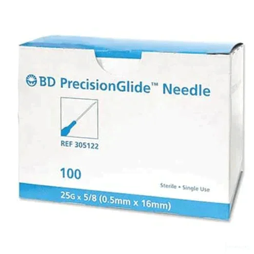Box of BD PrecisionGlide Needle 25G 5/8 inch sterile single use medical needles