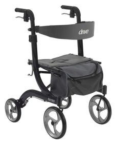 Lightweight four-wheel rollator walker with seat, ergonomic handles, and storage pouch.