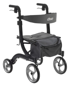 Lightweight black rollator walker with seat, four wheels, and storage pouch
