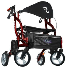 Lightweight red rollator walker with seat, storage pouch, and large wheels for mobility support