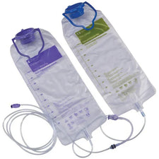 Two sterile medical drainage bags with measurement markings and attached tubing for fluid collection