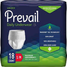 Prevail unisex daily underwear, 18 count S/M, adult disposable incontinence briefs packaging.