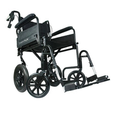 Lightweight black transport wheelchair with hand brakes and footrests for home care