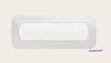 Adhesive wound dressing with soft white pad, rectangular medical bandage, Safetac logo