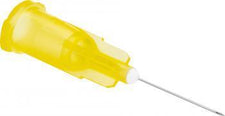 Yellow medical hypodermic needle with plastic safety cap on white background