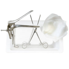 Gynecology examination kit with speculum, forceps, and gauze on a sterile tray