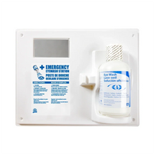 Wall-mounted emergency eye wash station kit with saline solution bottle and bilingual instructions